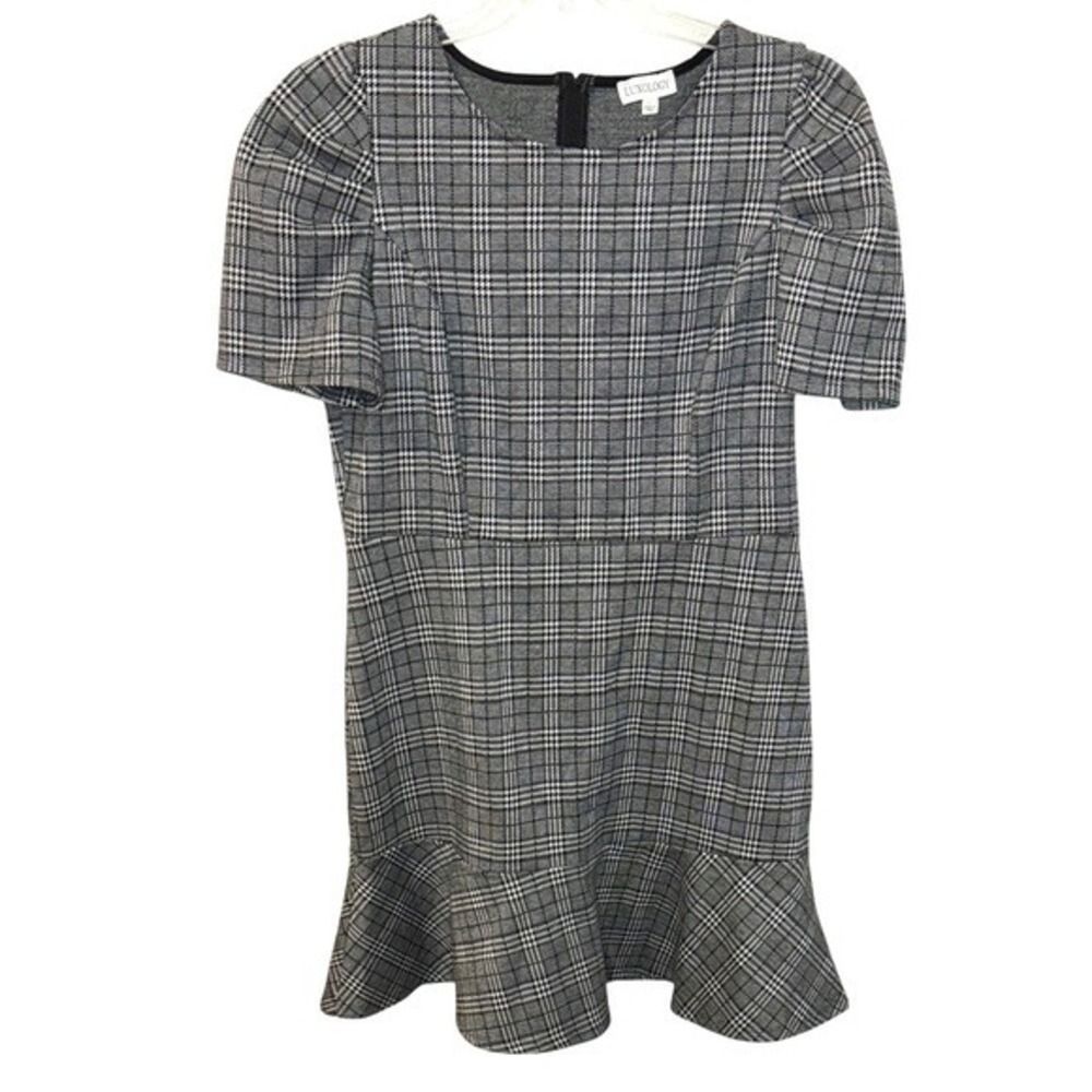 Luxology‎ Womens Plaid Ruffle Hem Short Puff Sleeve Dress Green Black White L